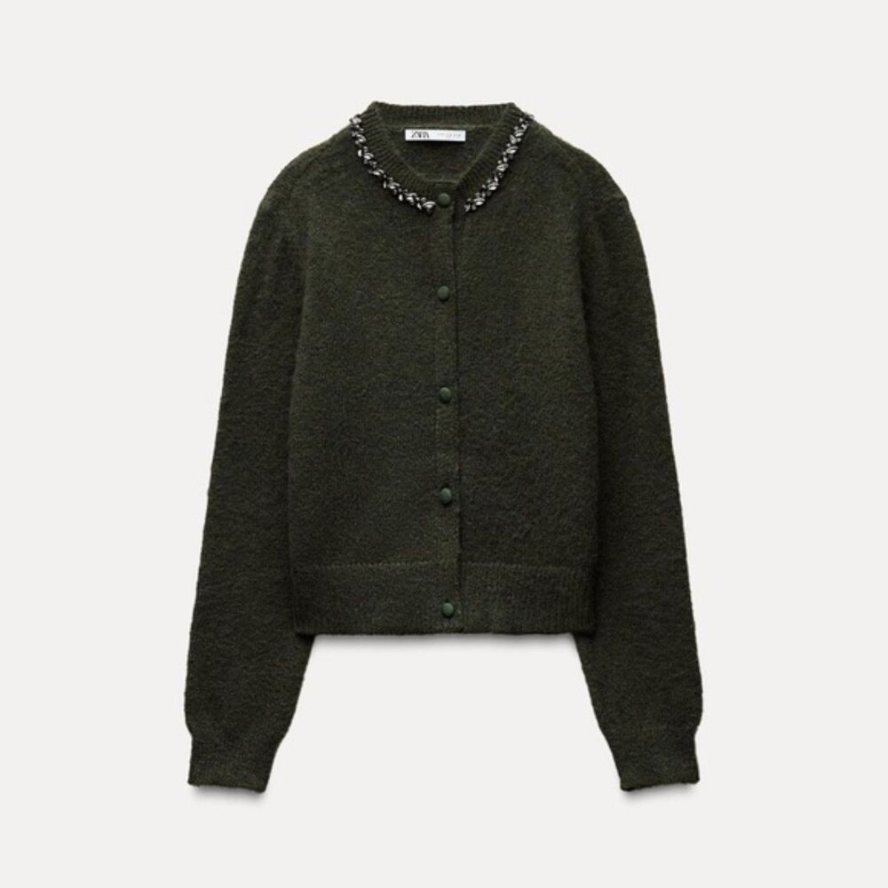 ZARA Beaded Rhinestone Knit Cardigan Green Wool Blend Size Medium